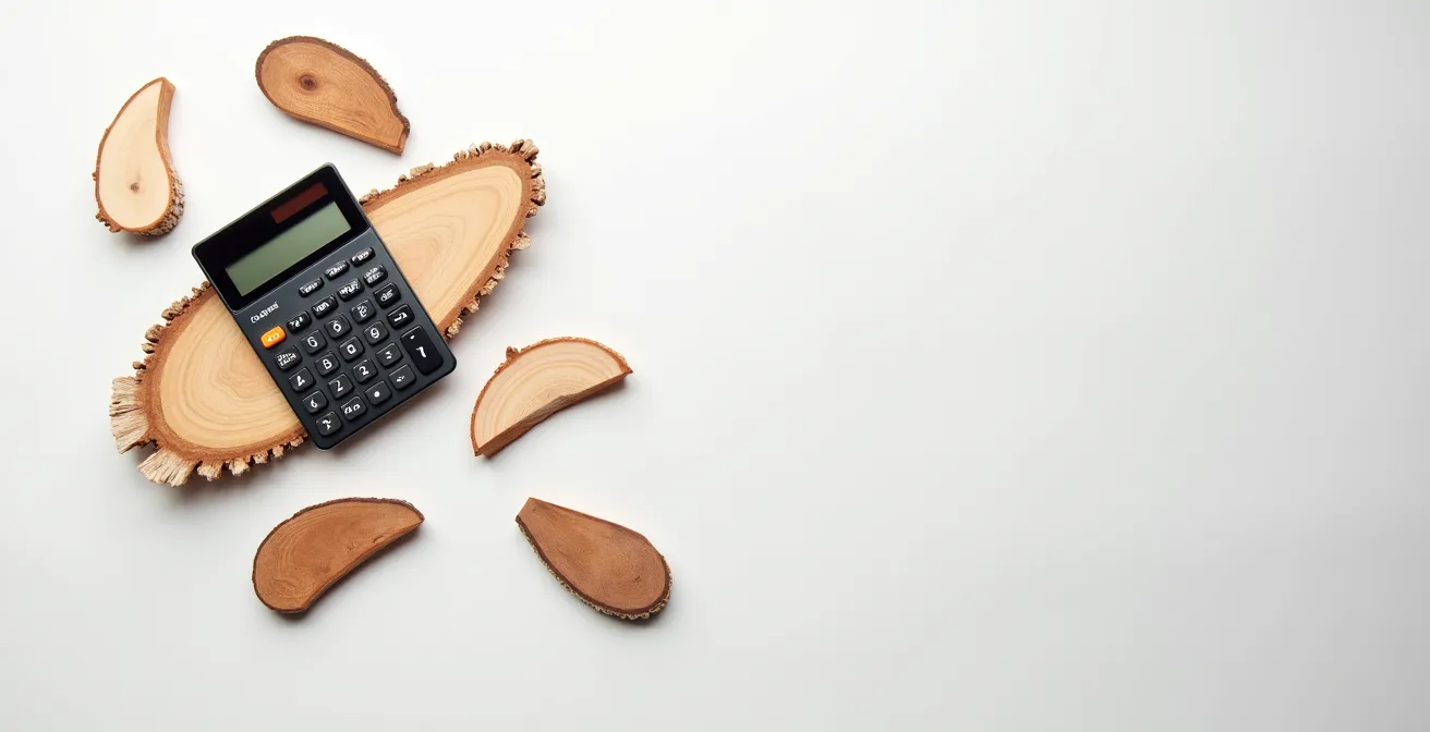 Vue aérienne minimaliste d'une calculatrice moderne posée sur des échantillons de bois de différentes essences