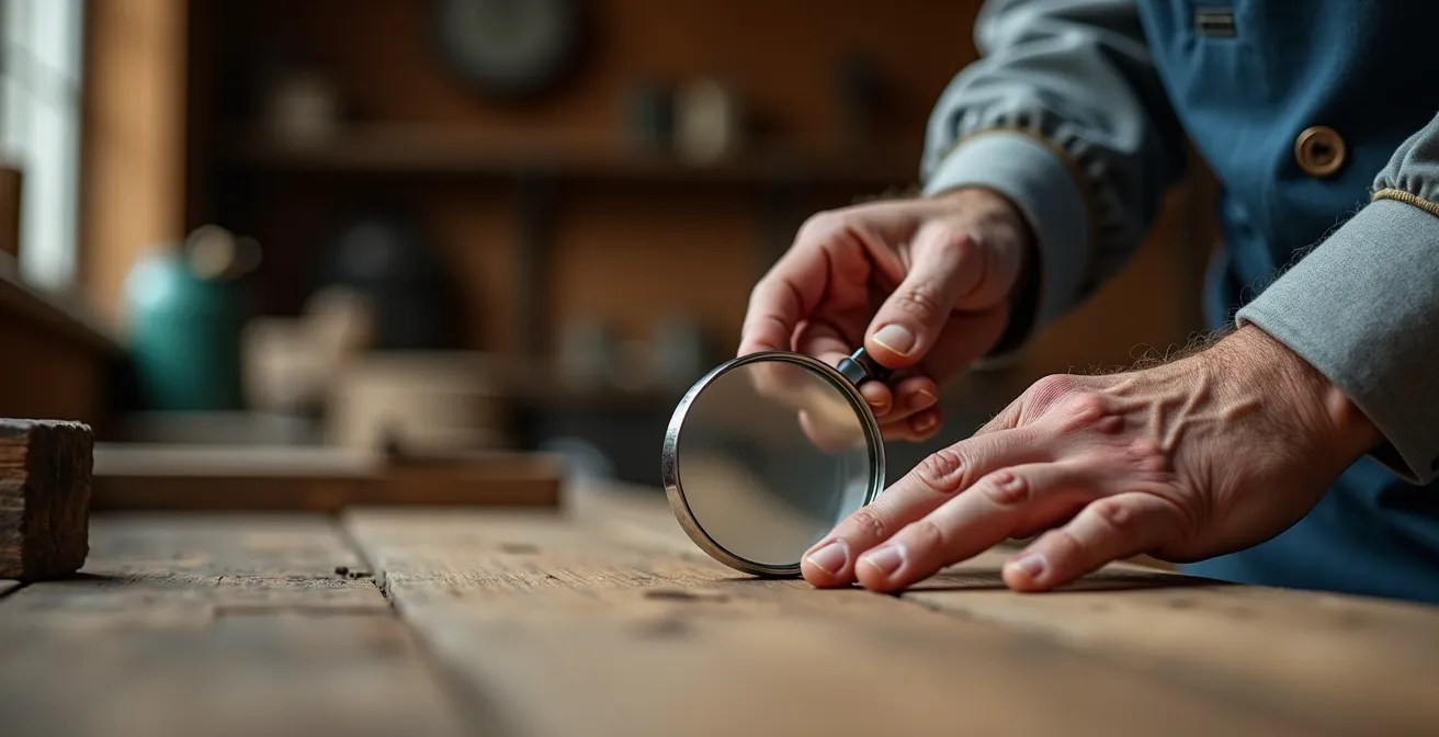 Mains d'artisan examinant attentivement la surface d'un plancher ancien avec une loupe professionnelle