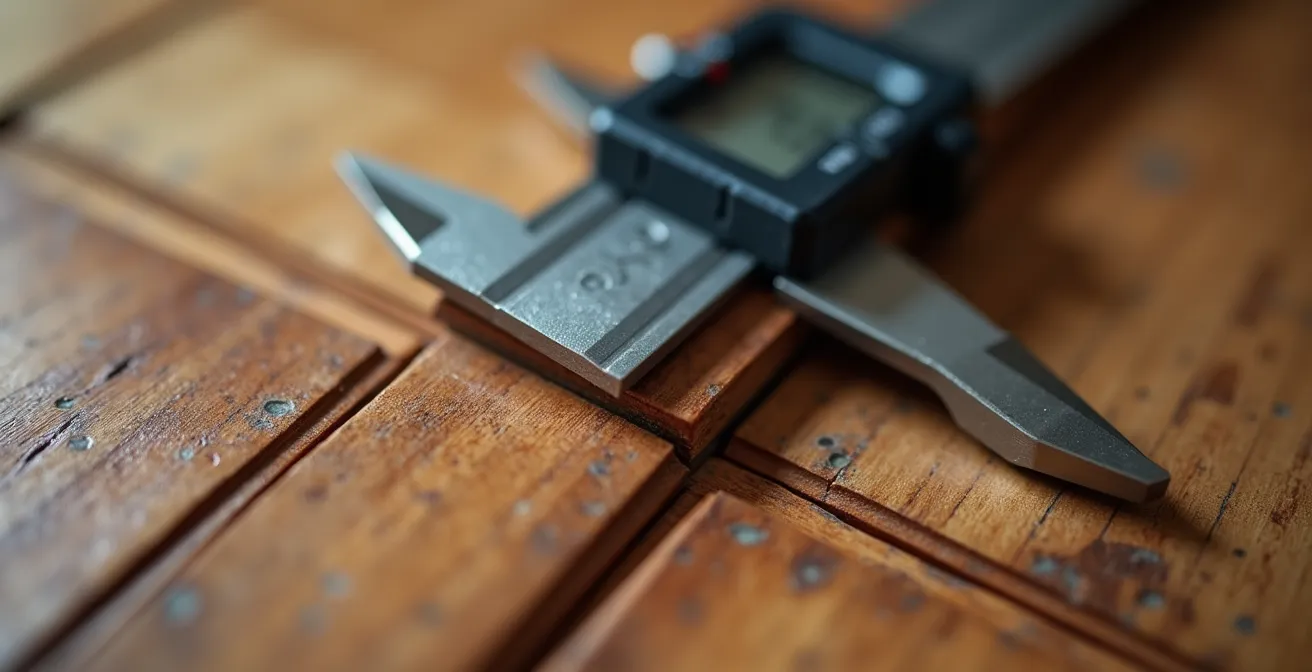 Gros plan sur la mesure de l'épaisseur d'une planche de bois avec un pied à coulisse professionnel