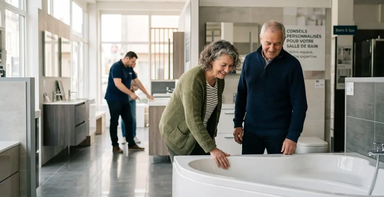 Couple de retraités dans un showroom observant une baignoire d'angle avec conseiller
