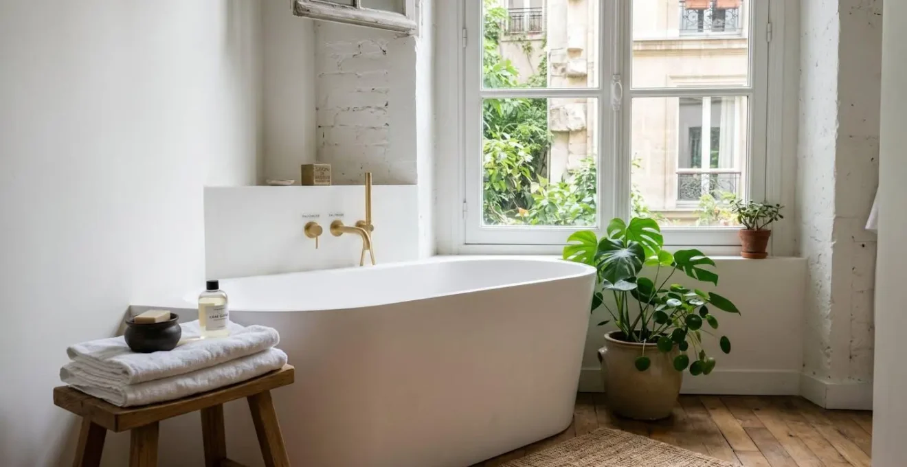 Salle de bain spacieuse avec baignoire d'angle blanche dans un coin lumineux