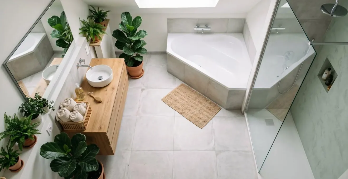 Vue aérienne d'une salle de bain avec baignoire d'angle dégageant l'espace central