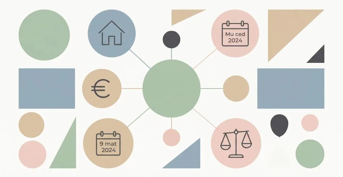 Composition abstraite minimaliste de formes géométriques pastel avec pictogrammes maison euro calendrier balance reliés par lignes fines, illustrant organisation questions-réponses valorisation immobilière