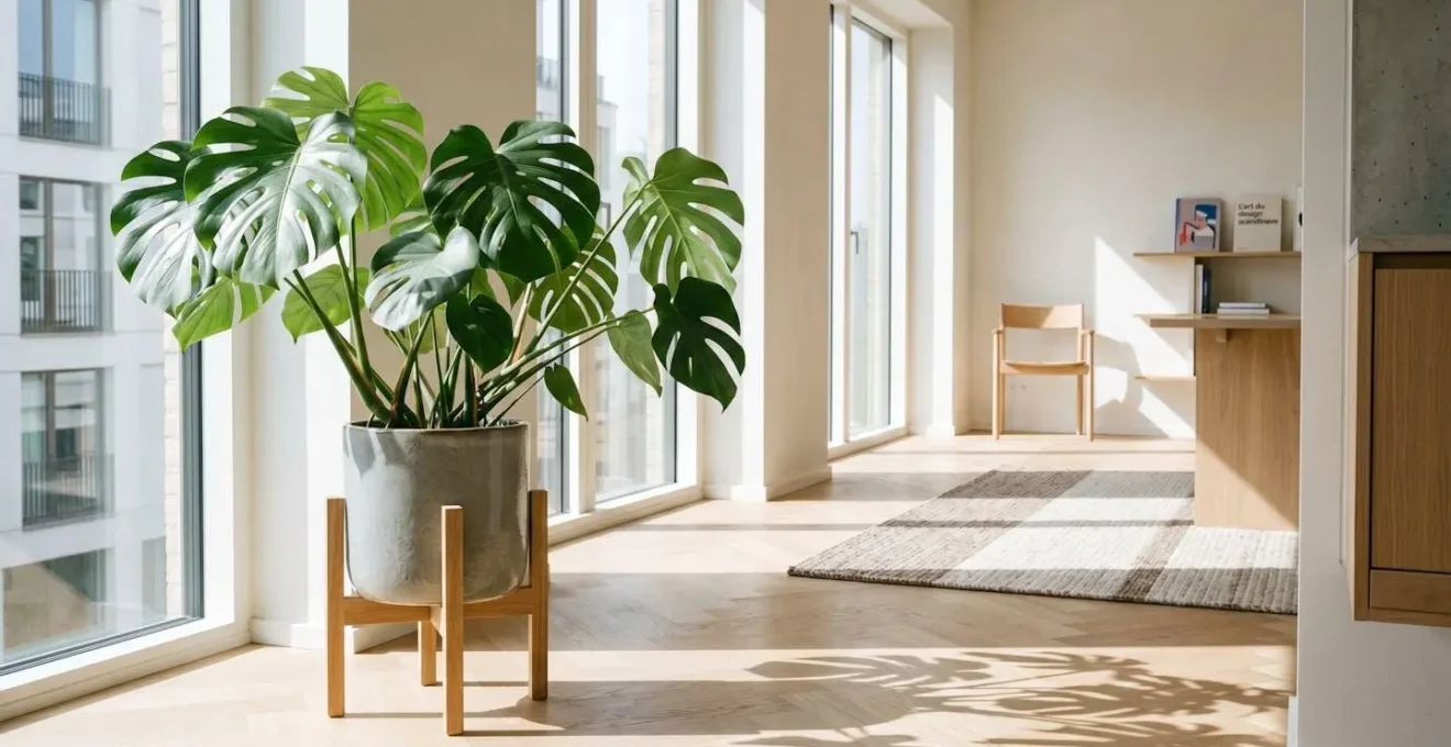 Espace intérieur scandinave minimaliste inondé de lumière naturelle avec plante architecturale au premier plan et parquet en chevrons, symbolisant la valorisation immobilière par l'aménagement