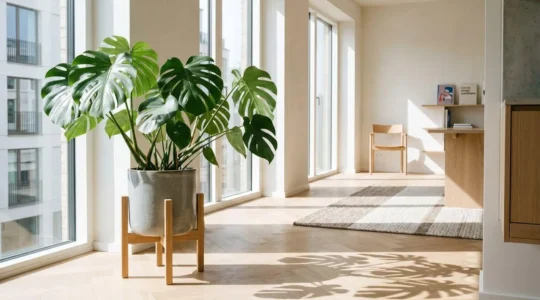 Espace intérieur scandinave minimaliste inondé de lumière naturelle avec plante architecturale au premier plan et parquet en chevrons, symbolisant la valorisation immobilière par l'aménagement