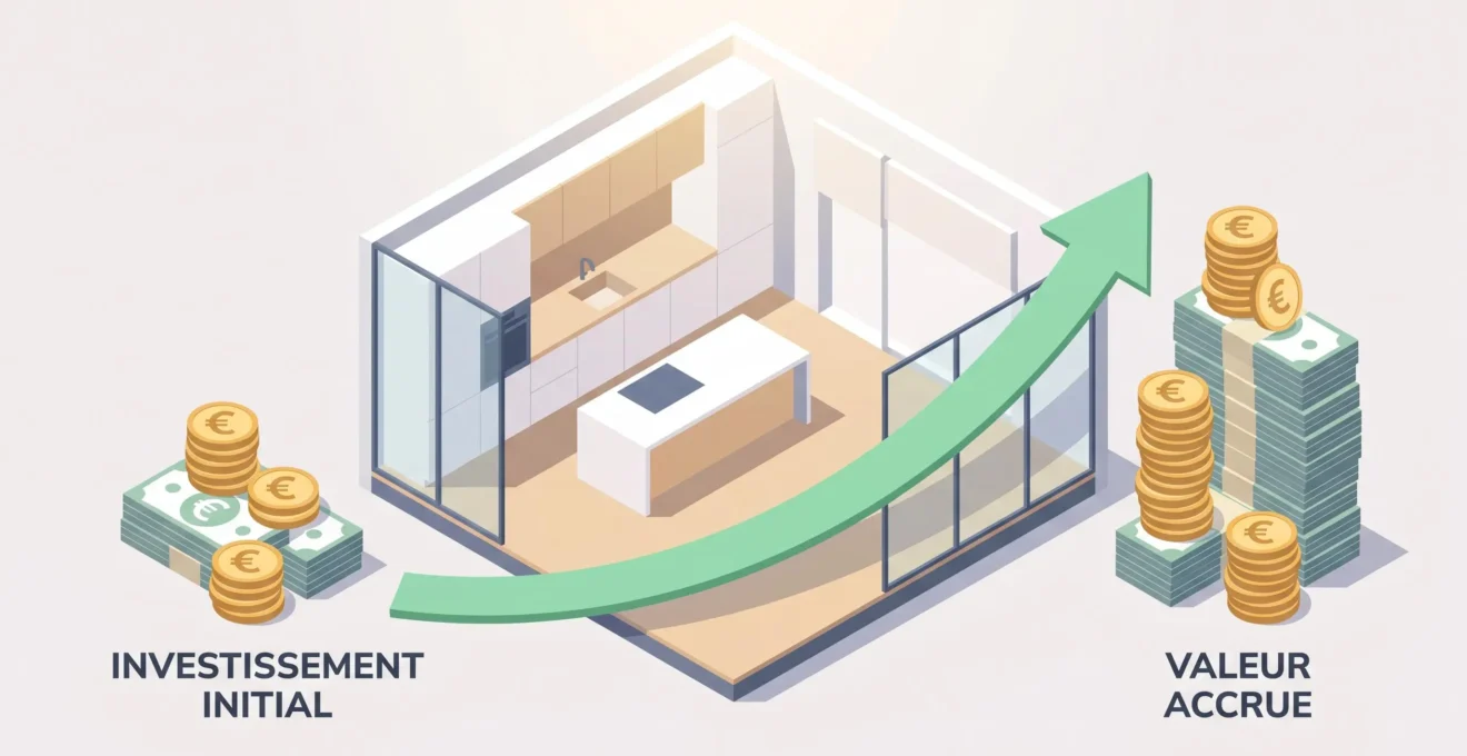 Illustration isométrique 3D d'une cuisine ouverte avec piles de pièces euros montrant investissement initial et retour sur investissement supérieur via flèche verte ascendante