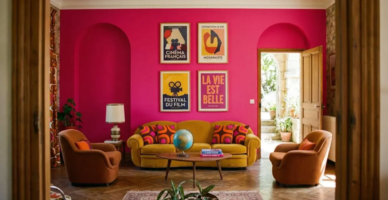 Intérieur résidentiel symétrique avec mur entier peint couleur vive excessive et mobilier design très marqué années 70, porte ouverte au premier plan suggérant fuite, illustrant piège sur-personnalisation